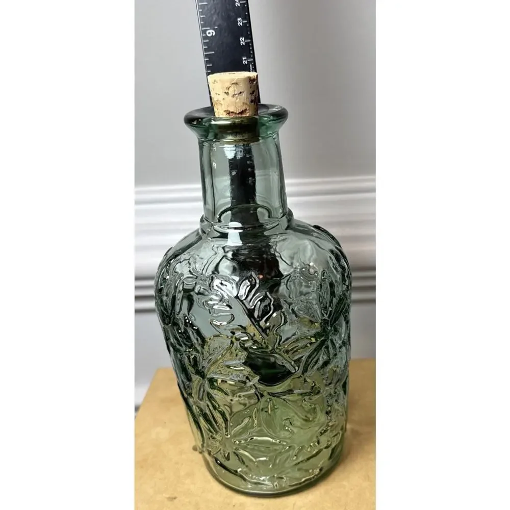 Vintage Canada Green Embossed Glass Bottle Decanter Cork Stopper Floral Leaf